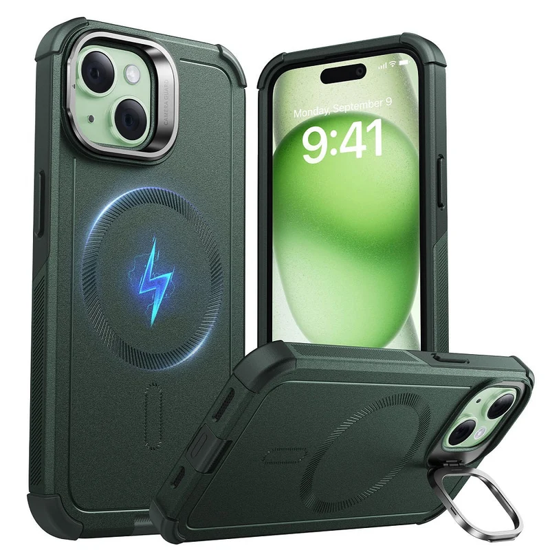 iPhone 15 Cyber Tough Magnetic Case with Stash Stand - Green