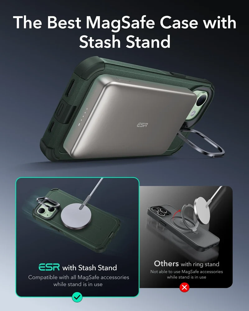 iPhone 15 Cyber Tough Magnetic Case with Stash Stand - Green