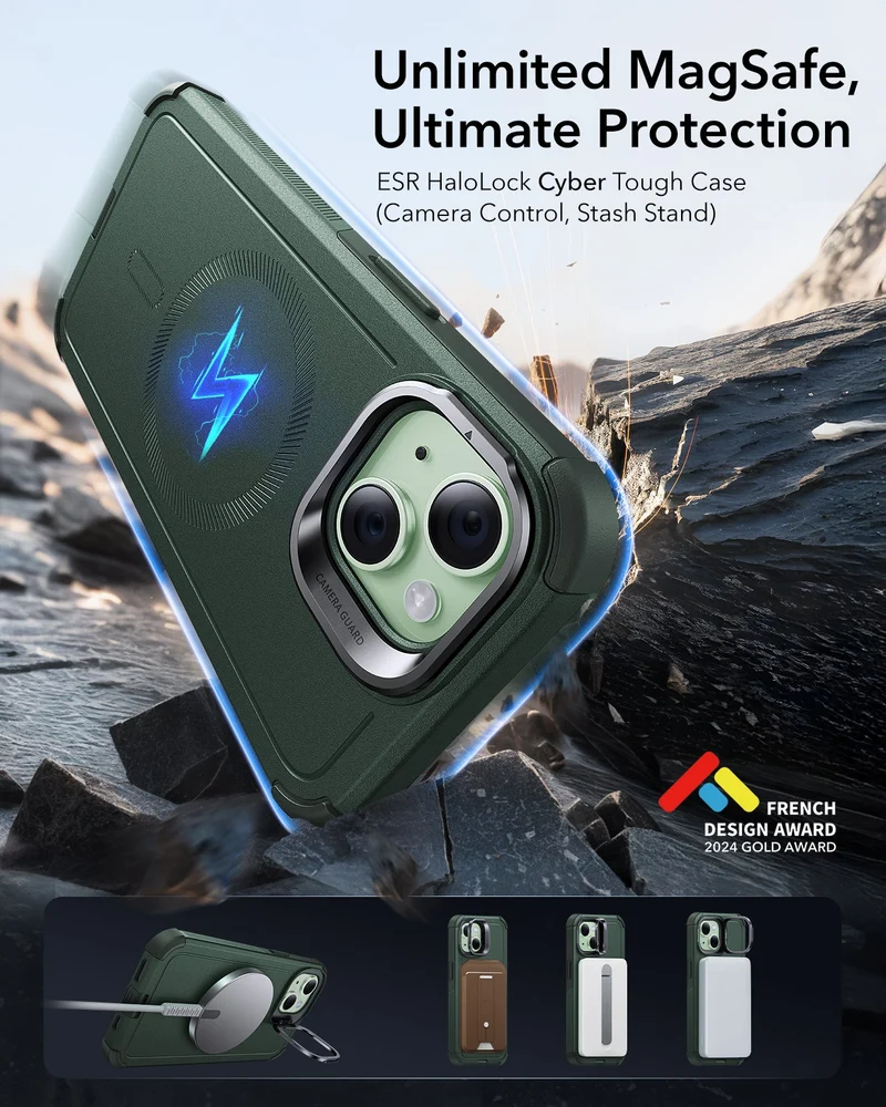 iPhone 15 Cyber Tough Magnetic Case with Stash Stand - Green