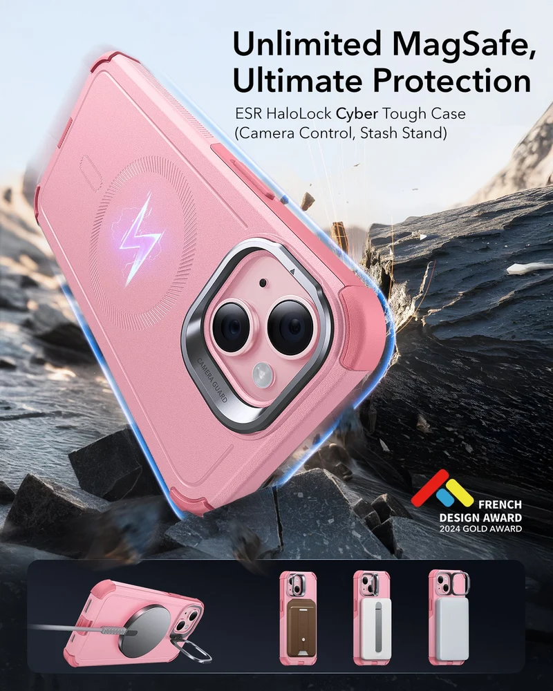 iPhone 15 Cyber Tough Magnetic Case with Stash Stand - Pink