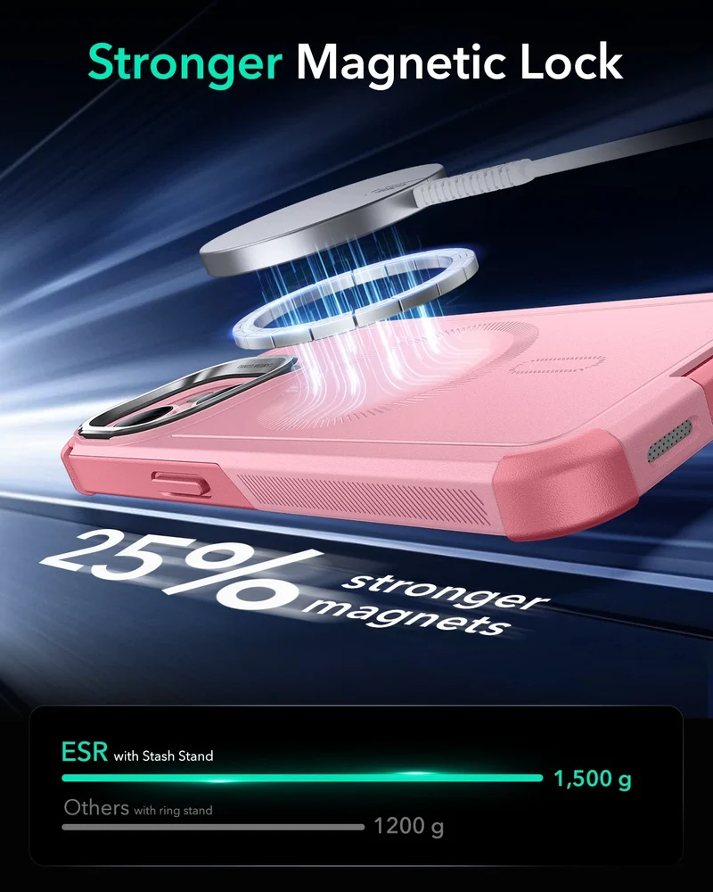 iPhone 15 Cyber Tough Magnetic Case with Stash Stand - Pink