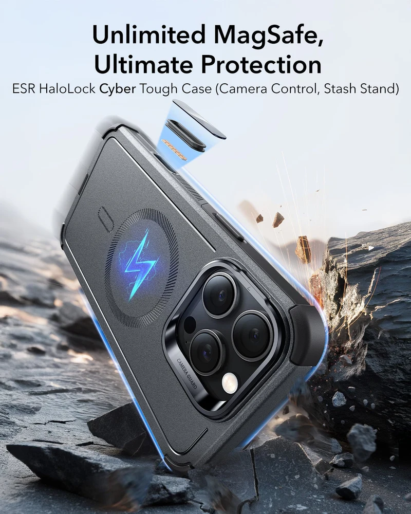 iPhone 16 Pro Max Cyber Tough Magnetic Case (Camera Control, Stash Stand) - Grey