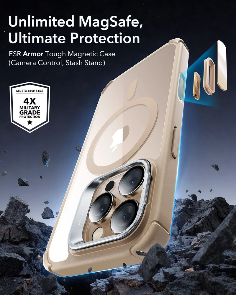iPhone 16 Pro Max Armor Tough Magnetic Case (Camera Control, Stash Stand) - Desert Titanium