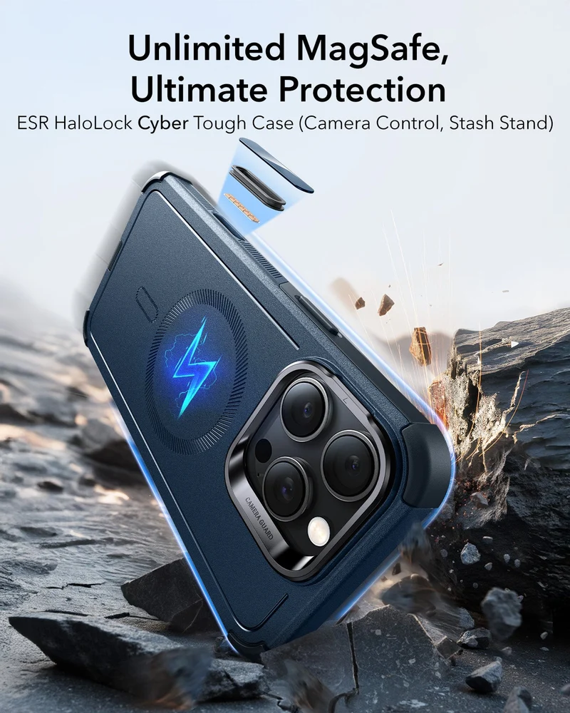 iPhone 16 Pro Max Cyber Tough Magnetic Case (Camera Control, Stash Stand) - Navy Blue