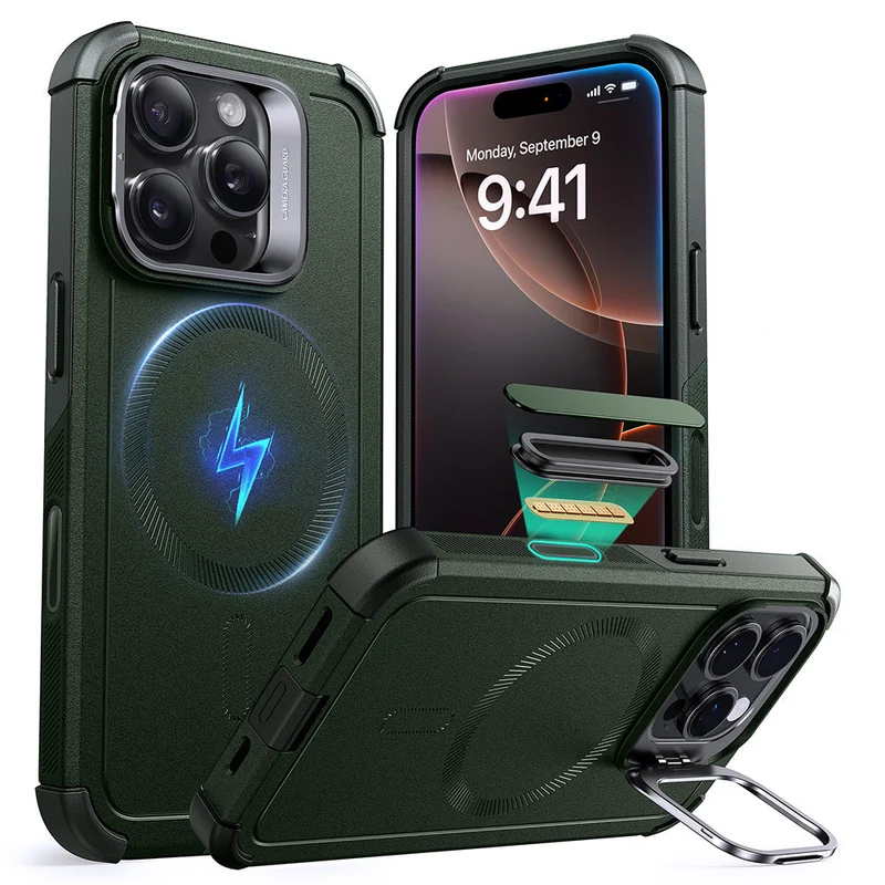 iPhone 16 Pro Max Cyber Tough Magnetic Case (Camera Control, Stash Stand) - Army Green