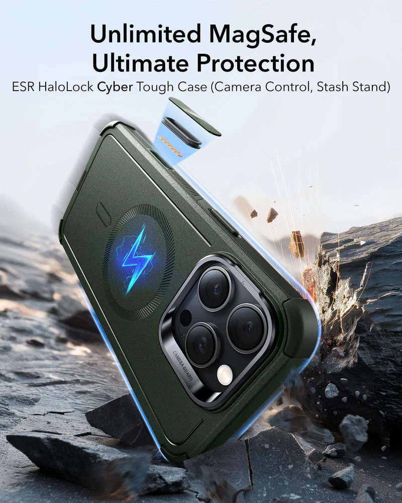 iPhone 16 Pro Max Cyber Tough Magnetic Case (Camera Control, Stash Stand) - Army Green