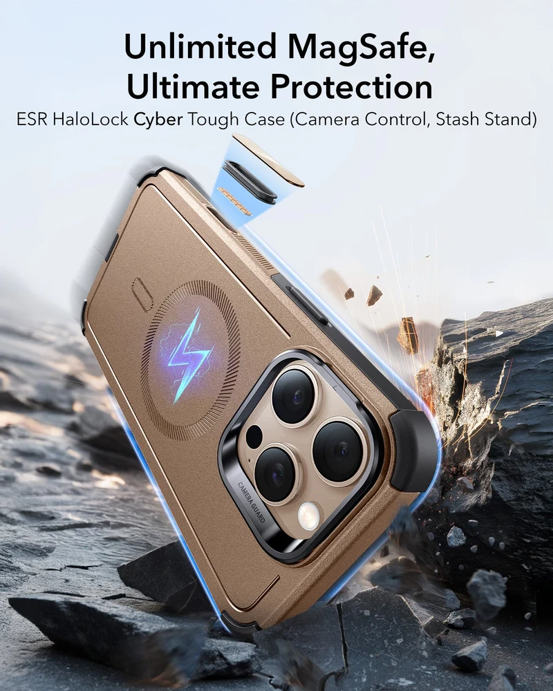 iPhone 16 Pro Max Cyber Tough Magnetic Case (Camera Control, Stash Stand) - Desert Titanium