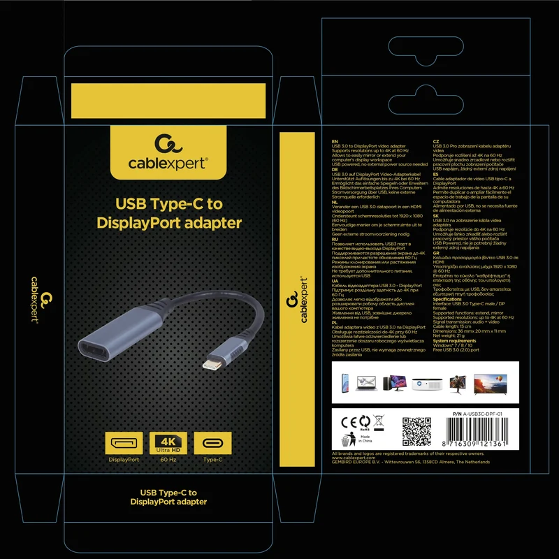 CABLEXPERT - Câble adaptateur - 4K|60Hz|Ultra HD|USB 3.0 USB-C (Mâle) - DisplayPort (Femelle) - 0,15 m