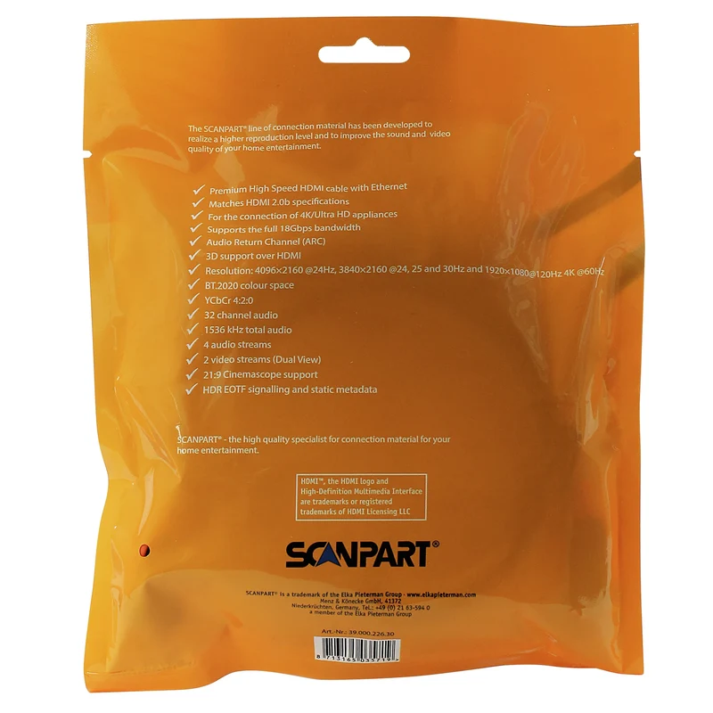 SCANPART - Câble HDMI - 4K|Ultra HD|30 Hz|High Speed|Kabelkeur|Ziggo Compatible|ARC HDMI (Mâle) - HDMI (Mâle) - 3,0 m