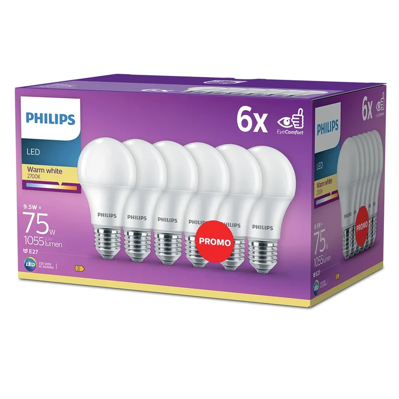 PHILIPS - Light Bulb - E27 - 75 W - 1055 Lumen - 2700 K - Frosted - Bulb - Multi Pack