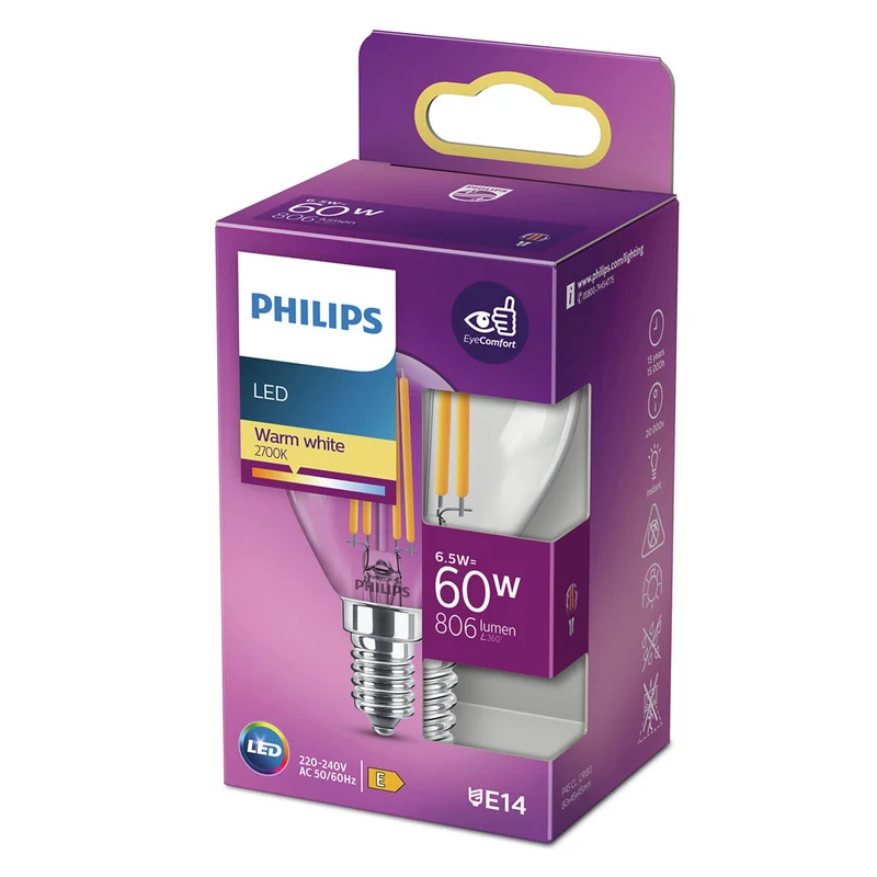 PHILIPS - Light Bulb - E14 - 60 W - 806 Lumen - 2700 K - Bright - Bulb