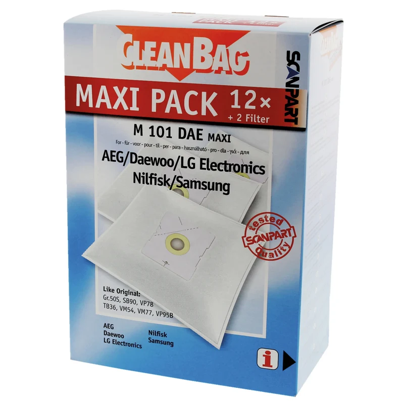 CLEANBAG M101DAE-MAXI - 12 Sacs d´aspirateur - 2 Microfiltres - adapté pour Unibag | AEG | Daewoo | LG | Nilfisk | Samsung Unibag | GR505 | SB90 | VP78 | TB36 | VM54 | VM77 | VP95B
