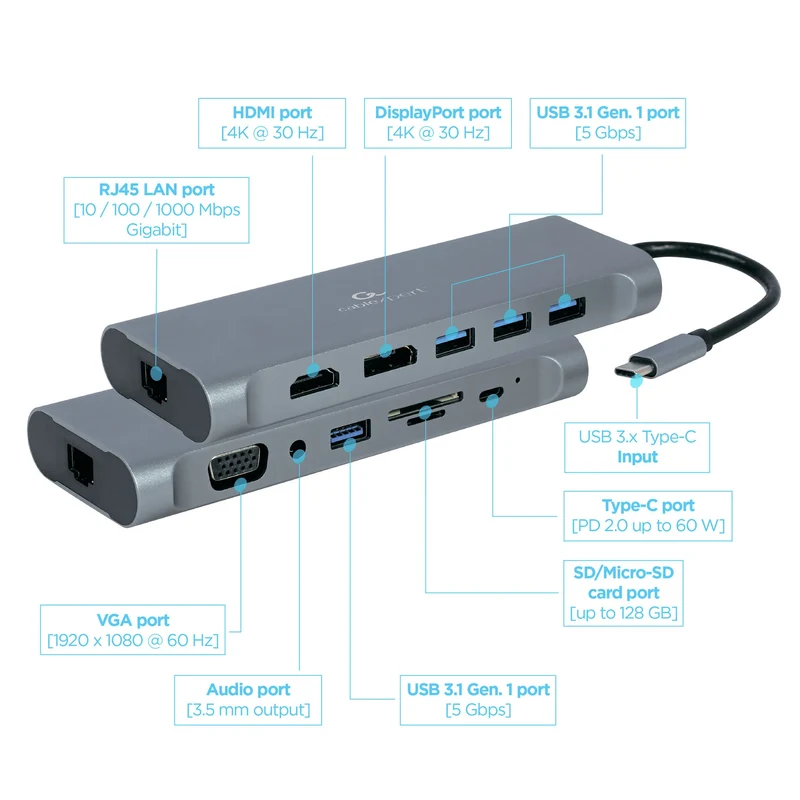 CABLEXPERT - Station d'accueil - USB 3.1|4K|60Hz|Ultra HD|Full HD|60Hz|PD USB-C (Mâle) - 4 x USB-A (Femelle) + HDMI (Femelle) + USB-C (Femelle) PD + VGA + Micro-SD + SD + 3.5 mm Jack + RJ45 - 0,15 m