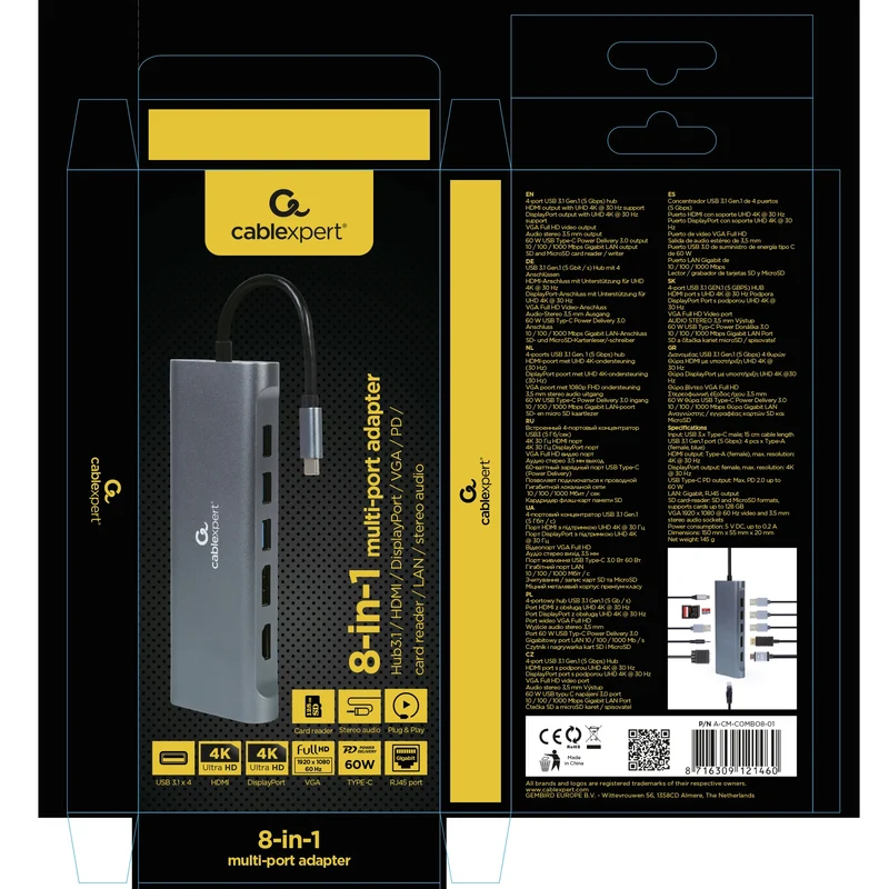 CABLEXPERT - Station d'accueil - USB 3.1|4K|60Hz|Ultra HD|Full HD|60Hz|PD USB-C (Mâle) - 4 x USB-A (Femelle) + HDMI (Femelle) + USB-C (Femelle) PD + VGA + Micro-SD + SD + 3.5 mm Jack + RJ45 - 0,15 m