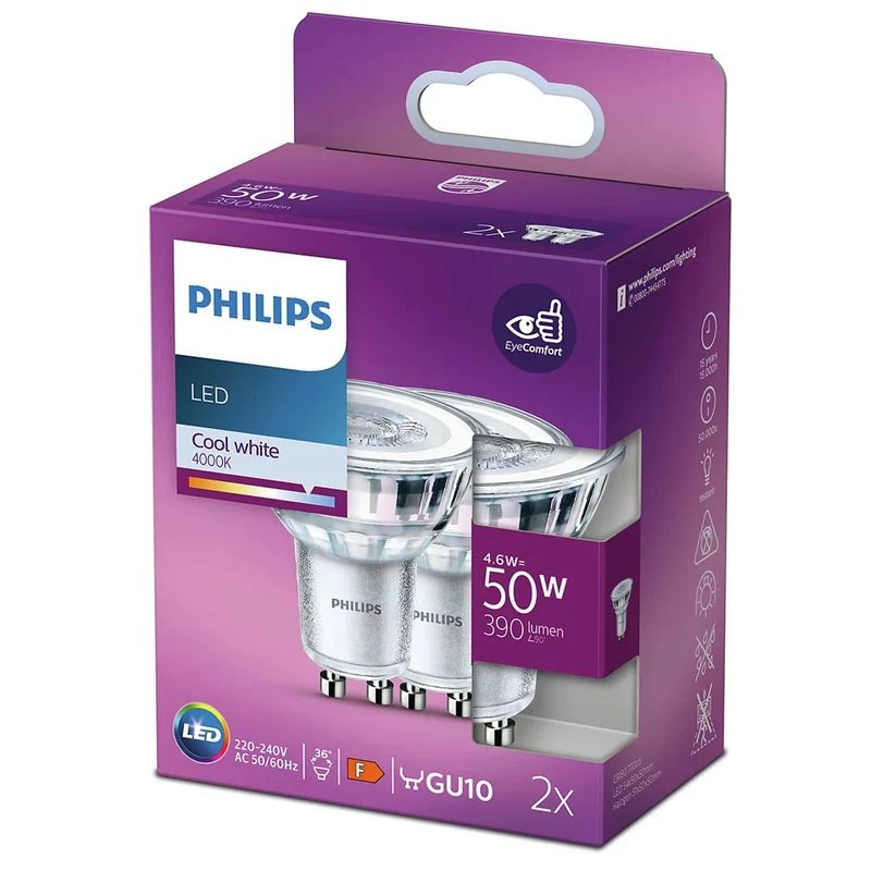 PHILIPS - Reflector Spot - GU10 - 50 W - 390 Lumen - 4000 K - Bright - Reflector Spot - Duo Pack