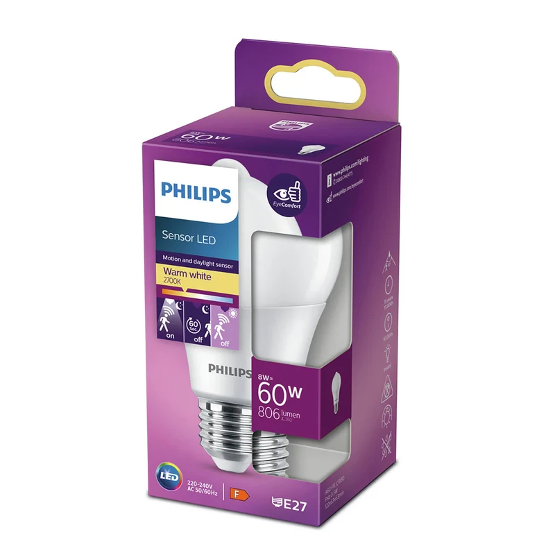 PHILIPS - Sensor Led - E27 - 60 W - 806 Lumen - 2700 K - Frosted - Bulb - Day - Night + Motion Switch