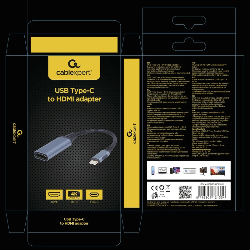 CABLEXPERT - Câble HDMI - Câble adaptateur - 4K|60Hz|Ultra HD|USB 3.0 USB-C (Mâle) - HDMI (Femelle) - 0,15 m