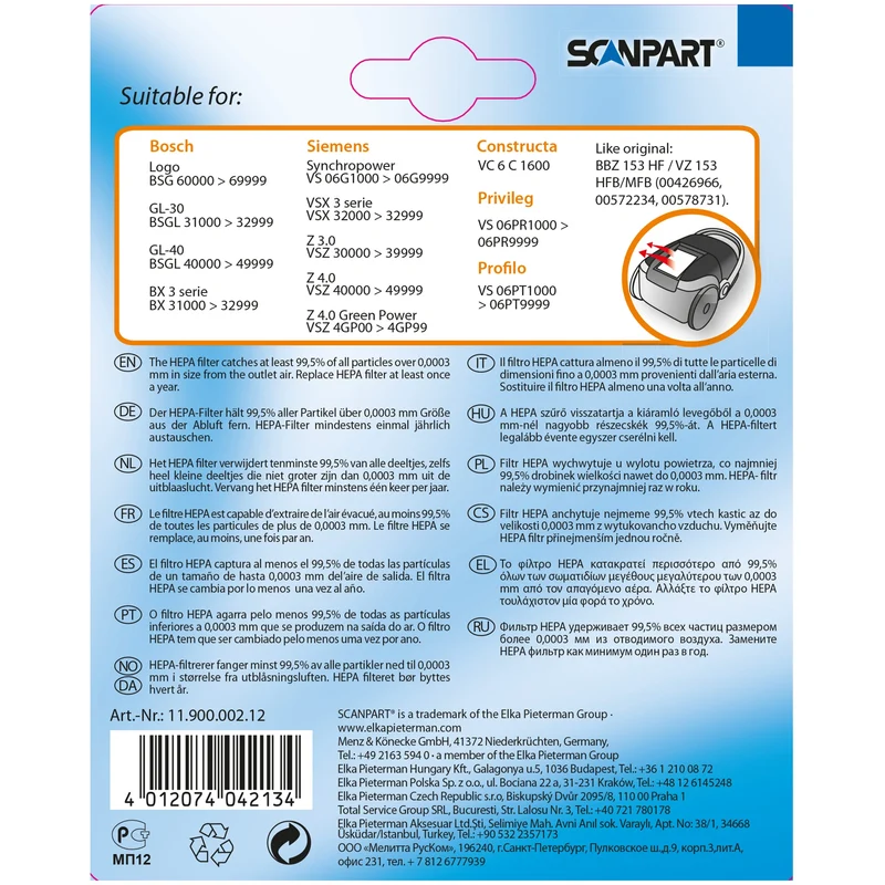 SCANPART Filtre d'échappement BBZ153HF - Suitable for Bosch|Siemens VZ153HBF|17007968