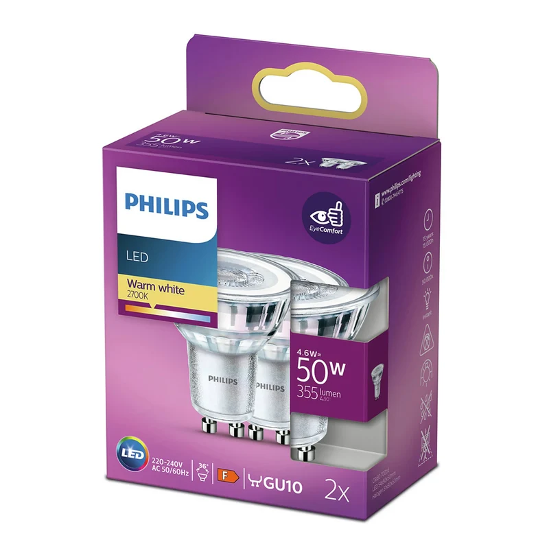 PHILIPS - Reflector Spot - GU10 - 50 W - 355 Lumen - 2700 K - Bright - Reflector Spot - Duo Pack