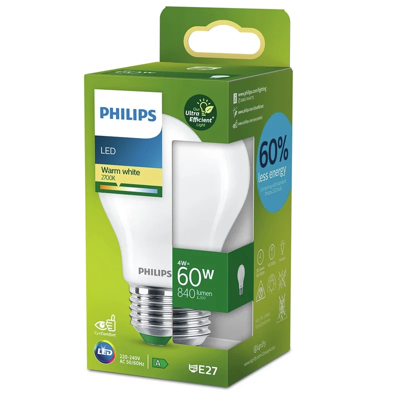 PHILIPS - Light Bulb - E27 - 60 W - 840 Lumen - 2700 K - Frosted - Bulb