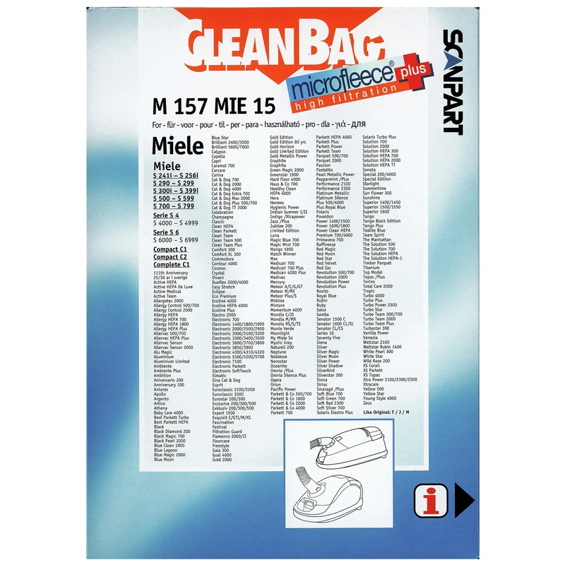 CLEANBAG M157MIE-15 - 4 Sacs d´aspirateur - 1 Microfiltre - adapté pour Miele F / J / M