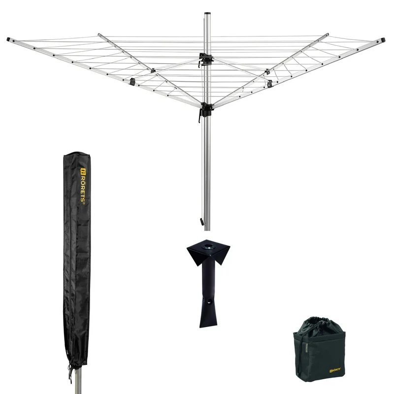 RÖRETS - Kit étendoir rotatif - 1 étendoir rotatif - 1 ancrage au sol - 1 housse pour étendoir rotatif - 1 sac pour pinces à linge