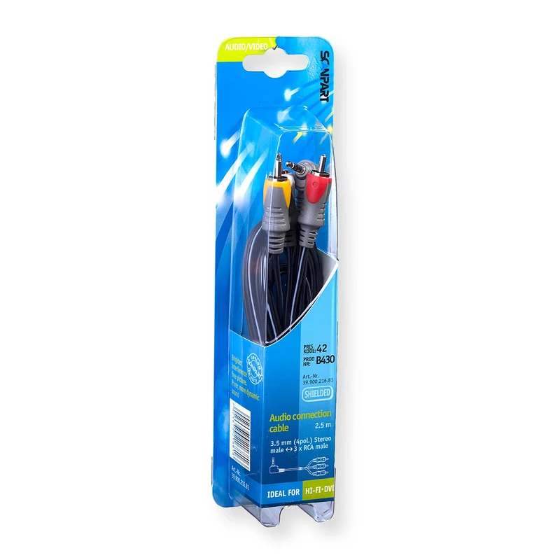 SCANPART - Câble audio - Câble adaptateur - Stéréo + Vidéo|Jack 3,5 mm perpendiculaire|4 broches 3.5 mm Jack (Mâle) - Perpendiculaire - 3 x Bouchon Tulipe (Mâle) - 2,5 m
