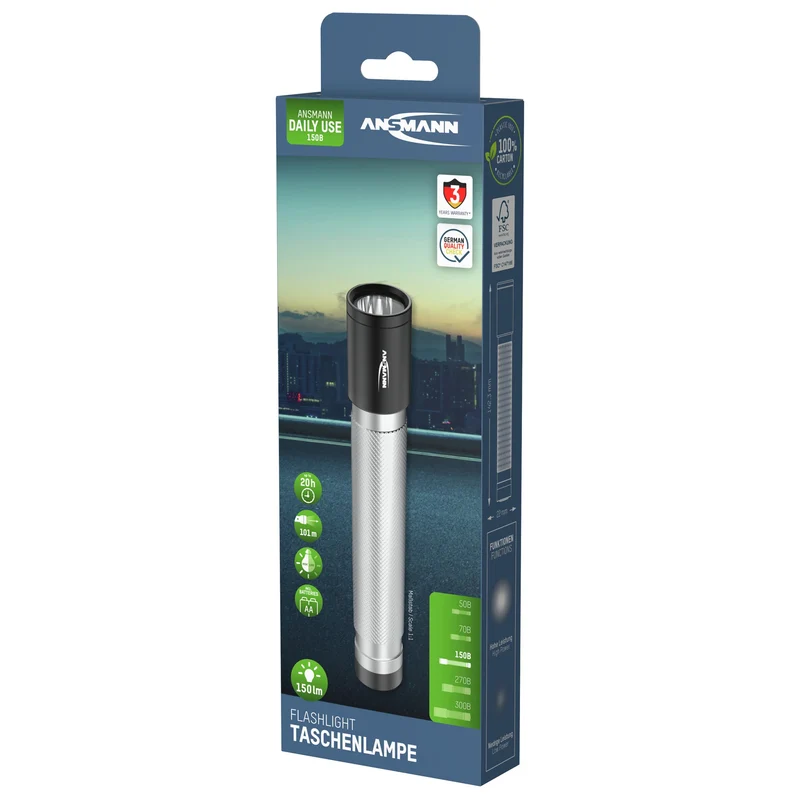 ANSMANN - Lampe torche - 150B - 150 lumens - Noir + Argent - 2 piles AA