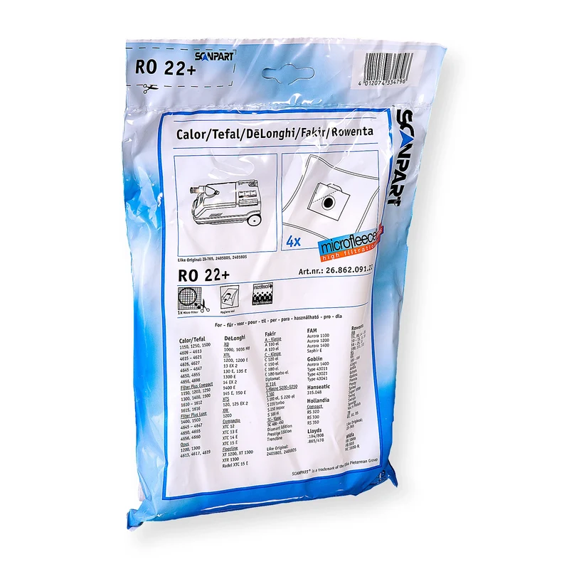 SCANPART RO22+ - 4 Sacs d´aspirateur - 1 Microfiltre - adapté pour Tefal | Rowenta | Delonghi | Fakir | Calor 2401805| 2405805| ZR-765