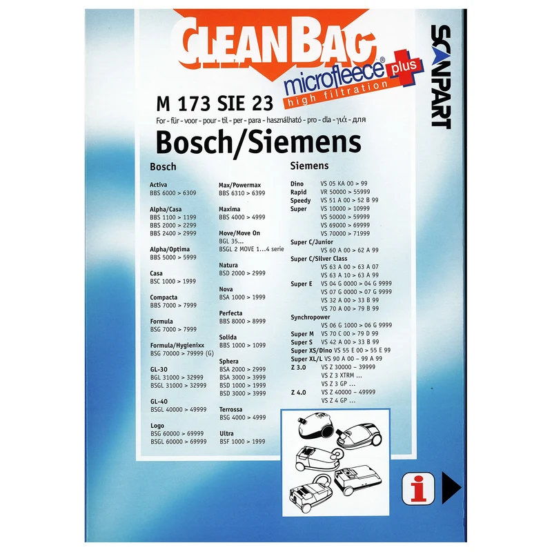 CLEANBAG M173SIE-23 - 4 Sacs d´aspirateur - 1 Microfiltre - adapté pour Bosch | Siemens D/ E /F / G / N / H