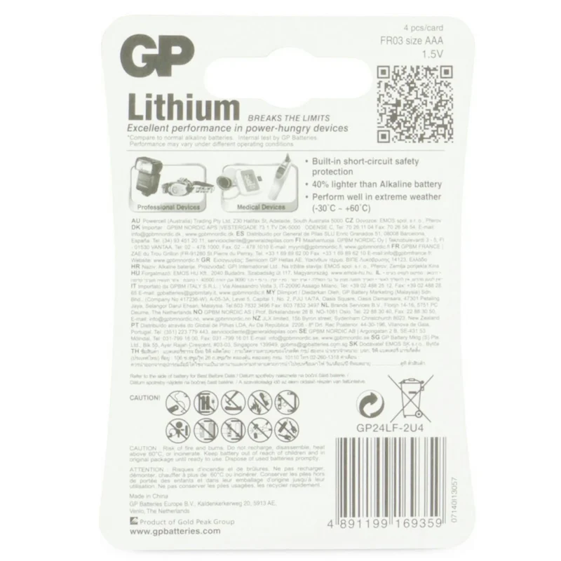 GP Lithium AAA | LR03 - Multipack - 4 Pièces - 1.5 V - 1100 mAh Batterie