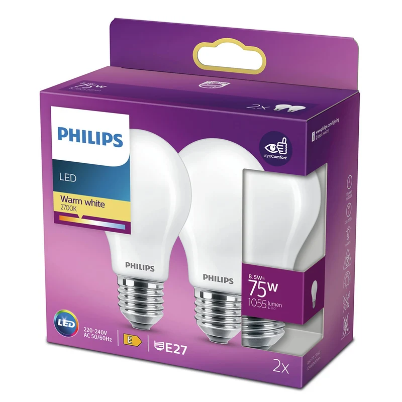 PHILIPS - Light Bulb - E27 - 75 W - 1055 Lumen - 2700 K - Frosted - Bulb - Duo Pack