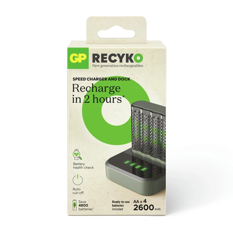 GP NiMH - Recyko - Fast Charger Dock USB AA | HR6 - Multipack - 4 Pièces + Chargeur + USB Câble - 1.2 V - 2600 mAh - Rechargeable Batterie