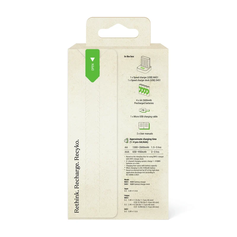 GP NiMH - Recyko - Fast Charger Dock USB AA | HR6 - Multipack - 4 Pièces + Chargeur + USB Câble - 1.2 V - 2600 mAh - Rechargeable Batterie