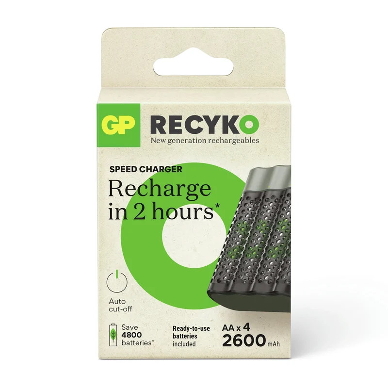 GP NiMH - Recyko - Fast Charger USB AA | HR6 - Multipack - 4 Pièces + Chargeur + USB Câble - 1.2 V - 2600 mAh - Rechargeable Batterie