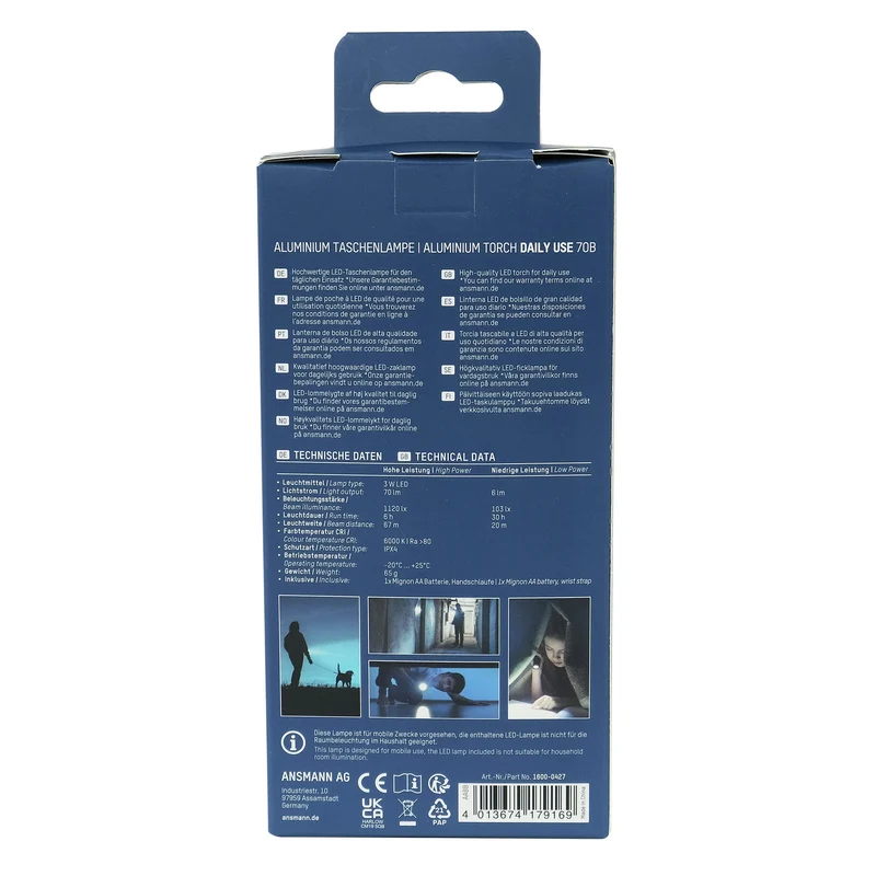 ANSMANN - Lampe torche - 70B - 70 lumens - Noir + Argent - 1 pile AA