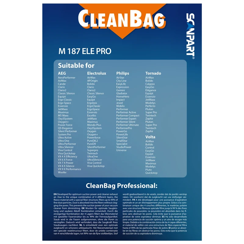 CLEANBAG M187ELEPRO | S-BAG - 5 Sacs d´aspirateur - 2 Filtres Moteur - adapté pour AEG | Electrolux | Tornado | Volta | Philips