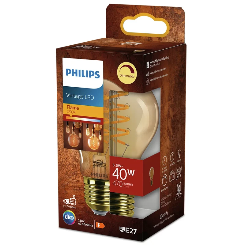 PHILIPS - Vintage Led - E27 - 40 W - 470 Lumen - 2200 K - Flame - Bulb - Dimmable
