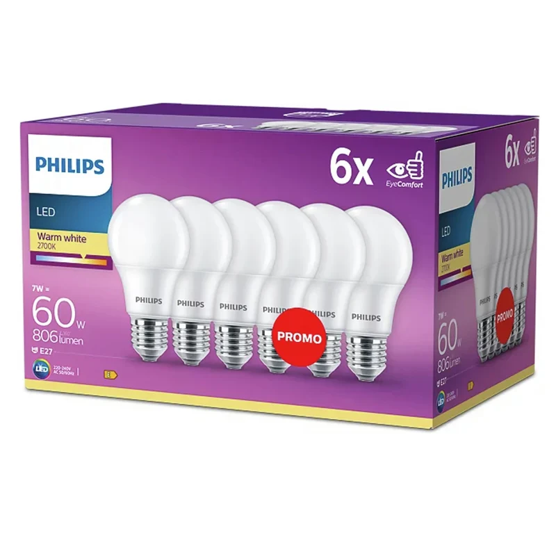 PHILIPS - Light Bulb - E27 - 60 W - 806 Lumen - 2700 K - Frosted - Bulb - Multi Pack