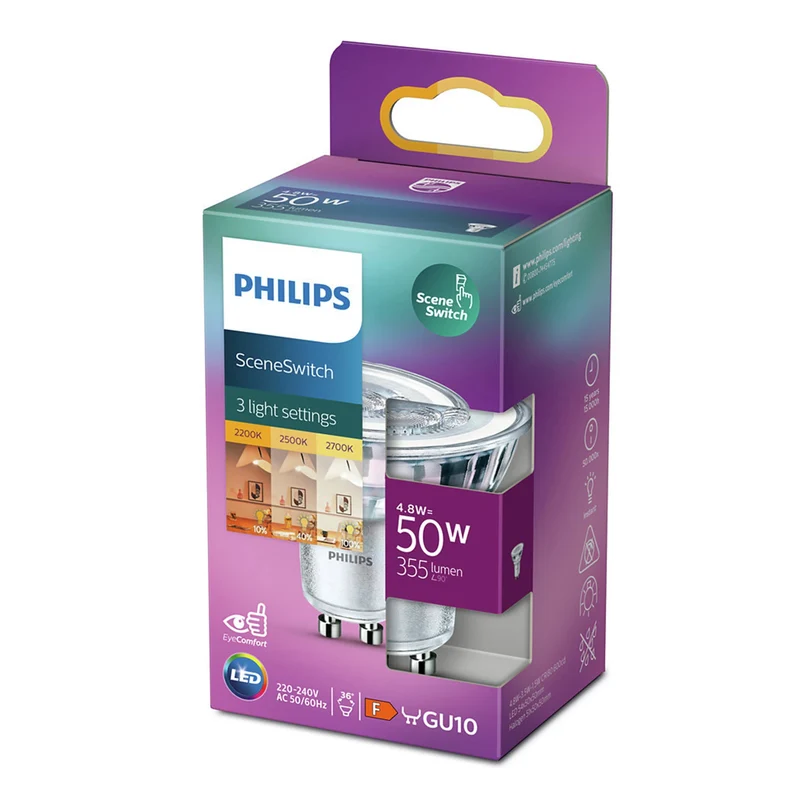 PHILIPS - Reflector Spot - GU10 - 50 W - 355 Lumen - 2200 K - 2700 K - Bright - Reflector Spot - Scene Switch