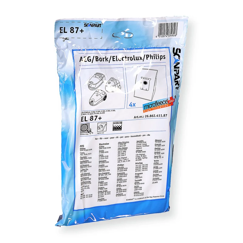 SCANPART EL87+ | S-Bag - 4 Sacs d´aspirateur - 1 Microfiltre - adapté pour Philips | AEG | Electrolux | Tornado | Volta SBAG