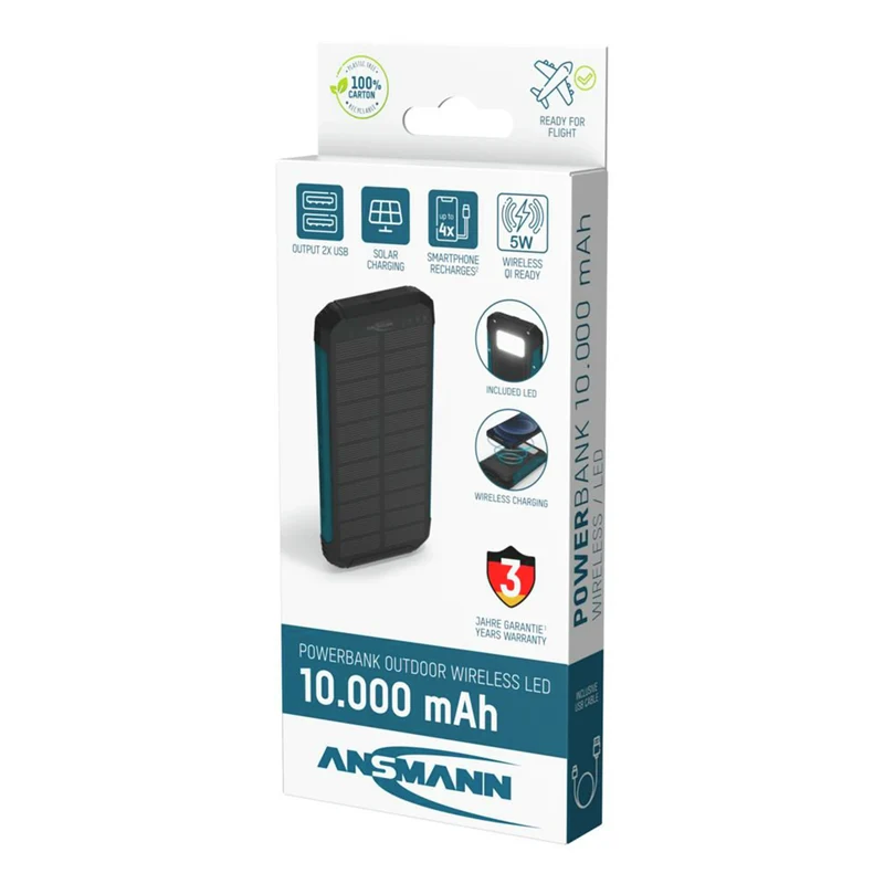 ANSMANN Banque de puissance - PB212W - Noir - 10000mAh - 1x USB-A (F)|Sans fil - Énergie solaire