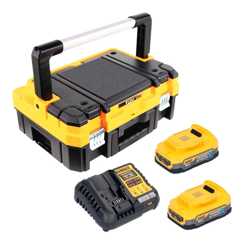 Kit de démarrage sans fil DeWalt DCB 1104 E2T 18 V avec 2 batteries Powerstack 1,7 Ah + chargeur DCB 1104 + TSTAK