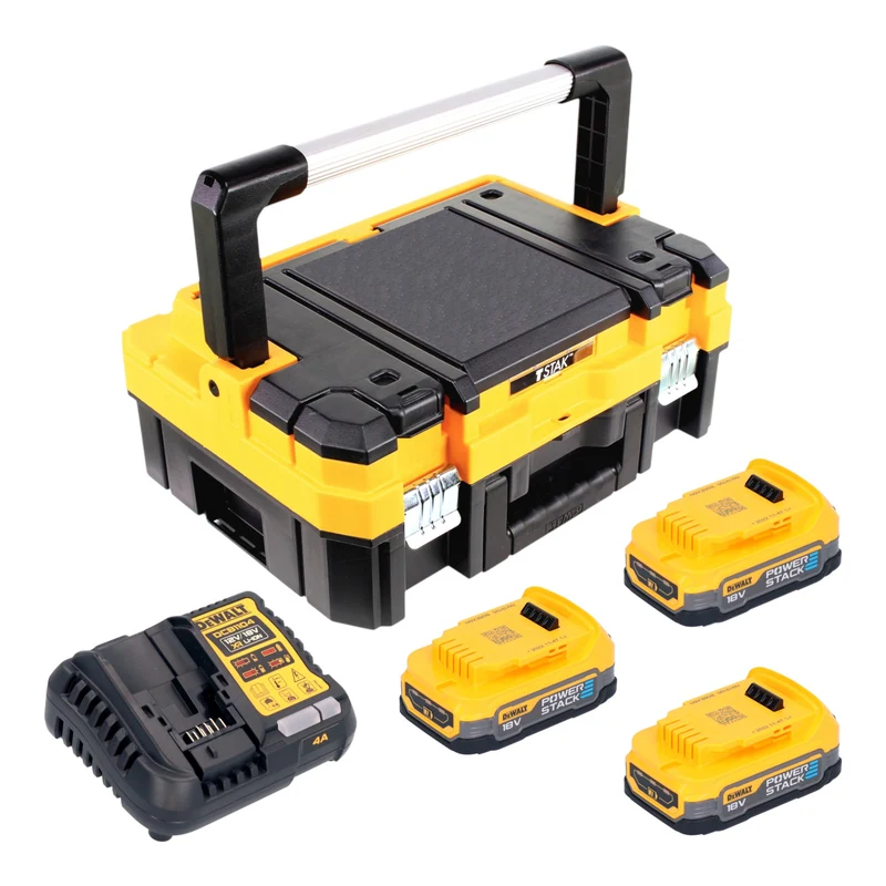 Kit de démarrage sans fil DeWalt DCB 1104 E3T 18 V avec 3 batteries Powerstack 1,7 Ah + chargeur DCB 1104 + TSTAK