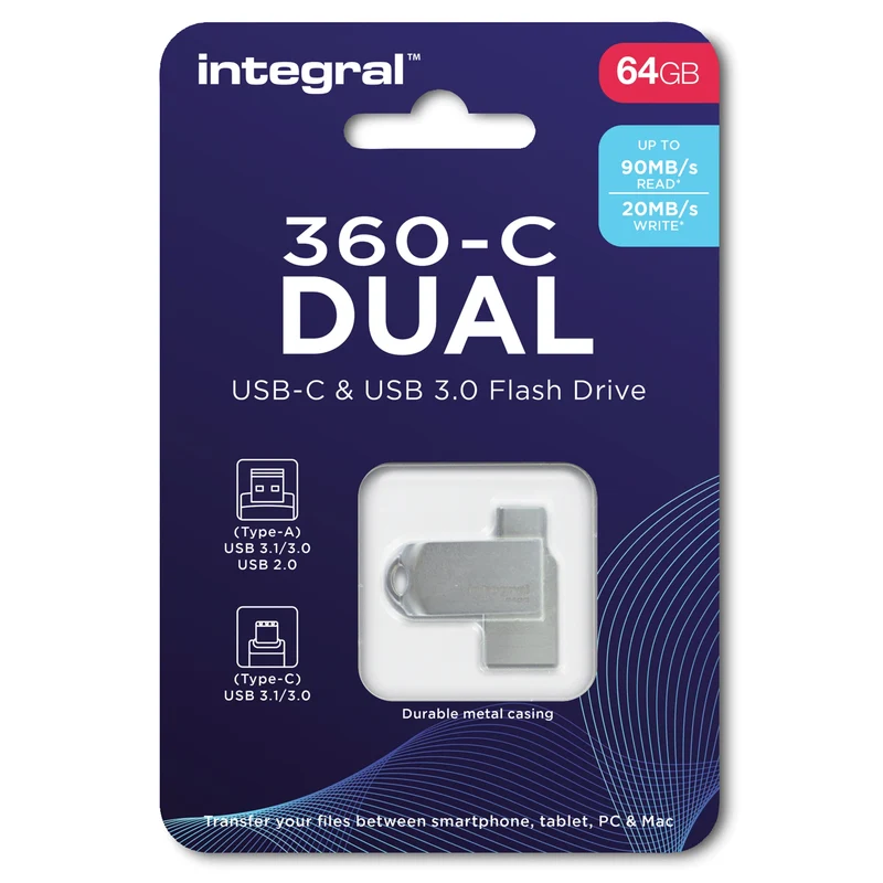 INTEGRAL - Clé USB - 64 GB - Argent - USB-A 3.1/3.0 + USB-C 3.1/3.0