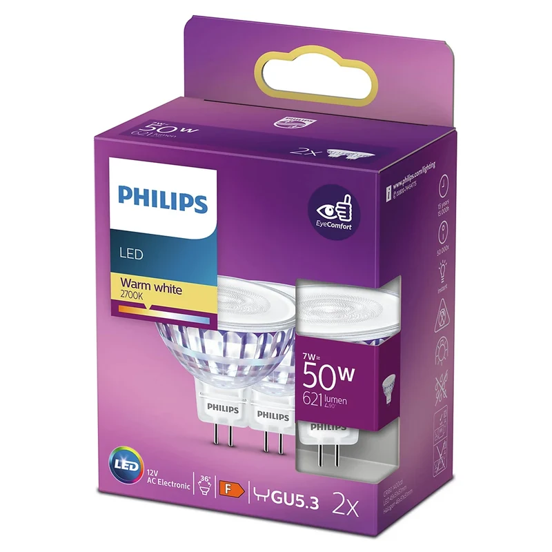 PHILIPS - Reflector Spot - GU5.3 - 50 W - 621 Lumen - 2700 K - Bright - MR16 - Duo Pack