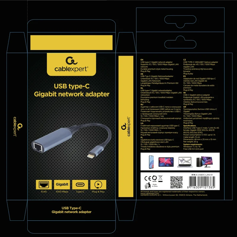 CABLEXPERT - Câble adaptateur - 1000 Mbps|USB 3.0 USB-C (Mâle) - RJ45 (Femelle) - 0,15 m