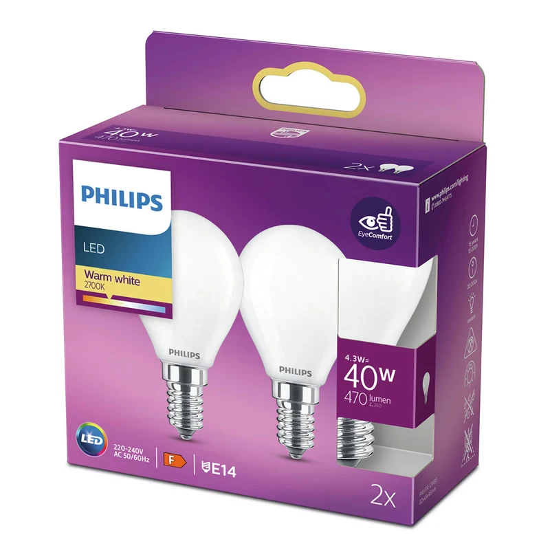 PHILIPS - Light Bulb - E14 - 40 W - 470 Lumen - 2700 K - Frosted - Bulb - Duo Pack