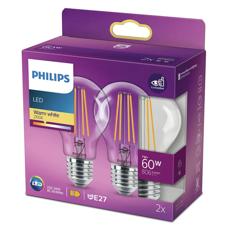 PHILIPS - Light Bulb - E27 - 60 W - 806 Lumen - 2700 K - Bright - Bulb - Duo Pack