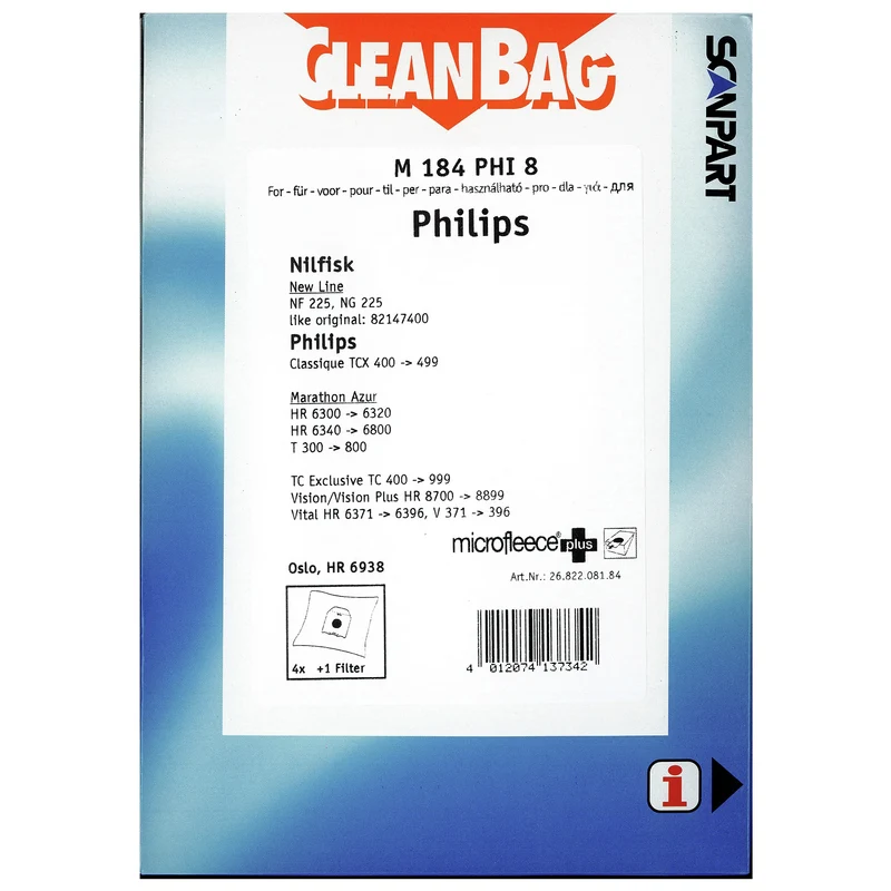 CLEANBAG M184PHI-8 - 4 Sacs d´aspirateur - 1 Microfiltre - adapté pour Philips Oslo | Erres| Karstadt | Lloyds | Nilfisk | Philips | Ruton HR6938 | HR6938/10 | Oslo